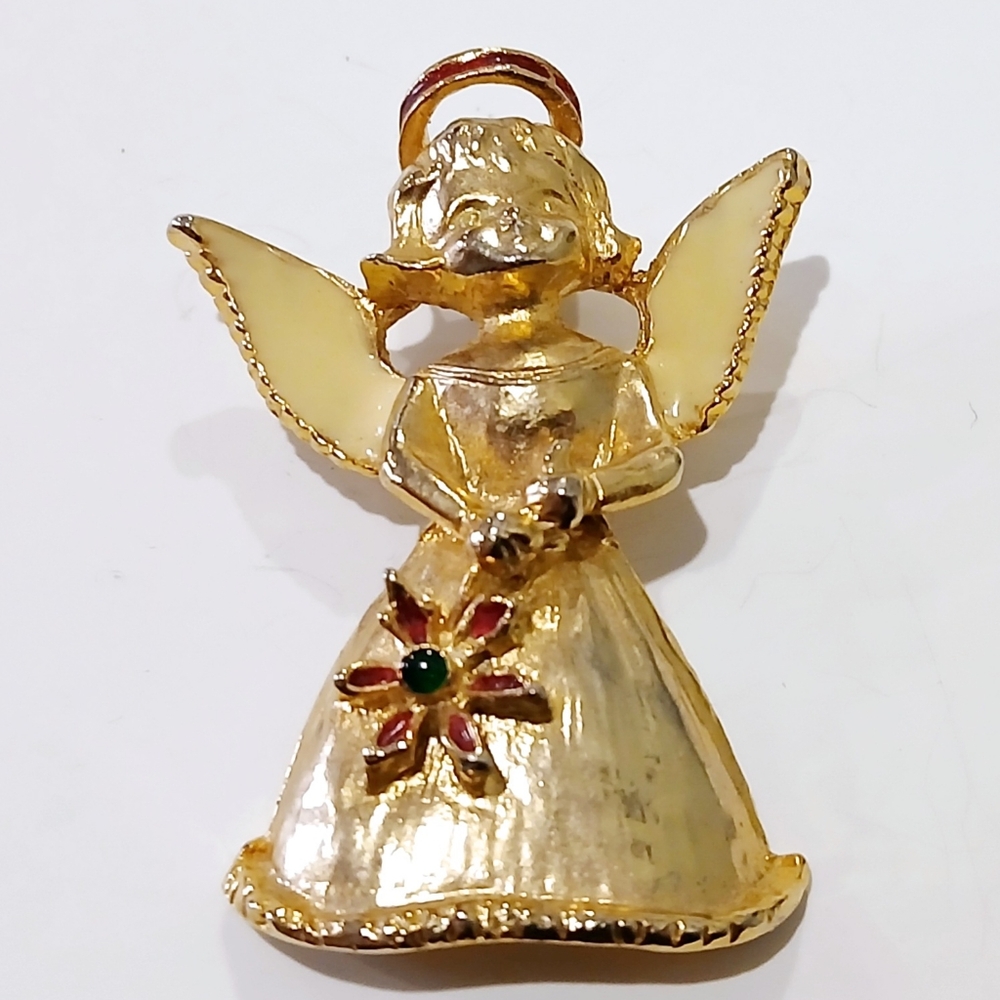 Vintage Gold Tone Angel Brooch with Red and Green Accents